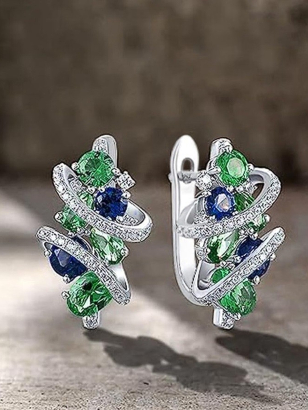 Green And Blue CZ Swirl Huggie Hoop Earrings Silver